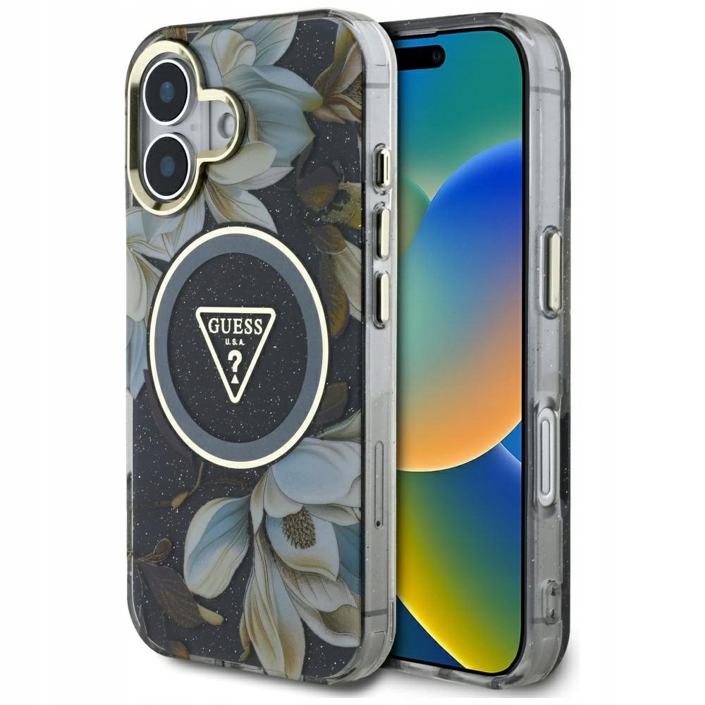 Guess Etui Glitter Flowers Triangle Buttons do MagSafe do iPhone 16, czarne z kwiecistym wzorem