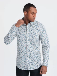 Koszule męskie - Koszula męska SLIM FIT w print gałązek - niebiesko-szara V2 OM-SHPS-0163 - grafika 1