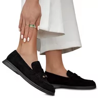 Mokasyny damskie - Półbuty Eleganckie Damskie Zamszowe Mokasyny Ażurowe Permani Alisa Czarne 39 - miniaturka - grafika 1