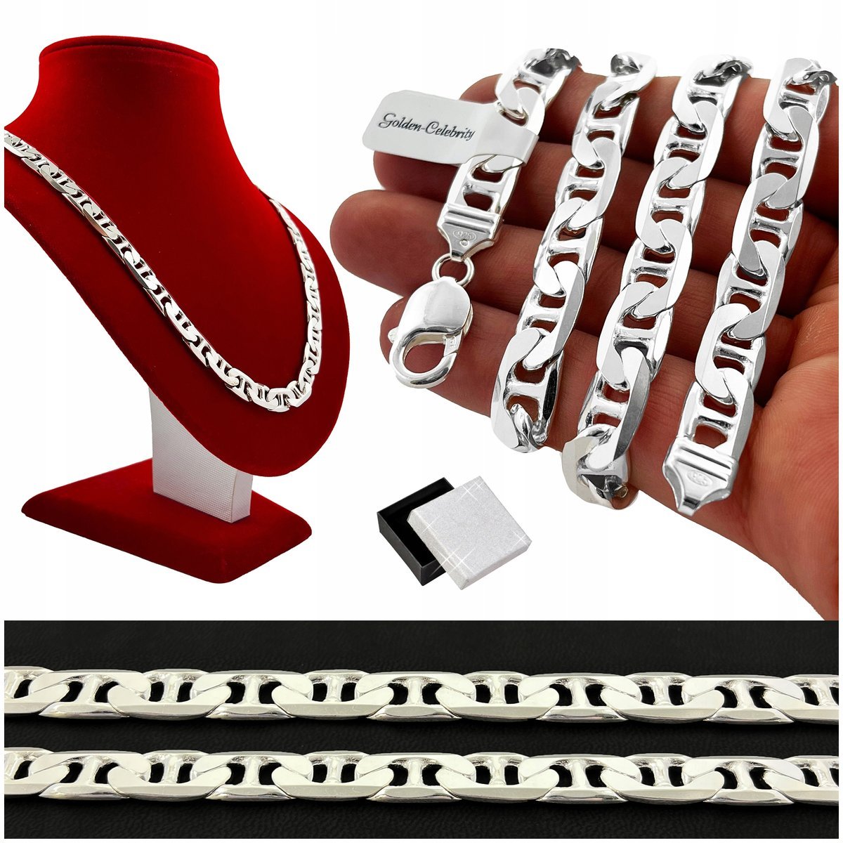 SREBRNY DIAMENTOWANY ŁAŃCUSZEK MĘSKI GUCCI PRÓBA 925 60cm/9mm DLA NIEGO