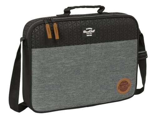 BLACKFIT8 OLD SCHOOL - Dodatkowy portfel szkolny, tkanina do recyklingu, teczka, torba na ramię, wygodny i wszechstronny, jakość i wytrzymałość, 38 x 6 x 28 cm, Czarny/Szary, M, Casual