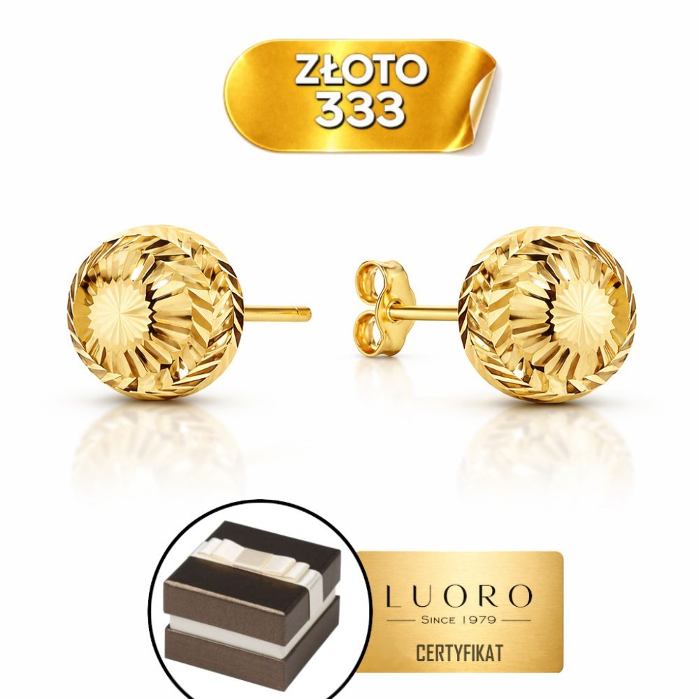 KOLCZYKI ZŁOTE 333 8K DIAMENTOWANE KULKI 10 MM SZTYFT ELEGANCKIE