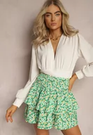 Spódnice - Zielona Spódnica Mini o Rozkloszowanym Fasonie z Falbankami i Nadrukiem w Kwiaty Gwaelen - miniaturka - grafika 1