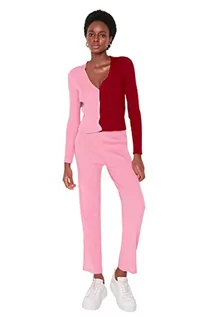 Swetry damskie - Trendyol Damski gładki cienki dzianinowy kardigan spodnie dwuczęściowy zestaw, różowy, S - grafika 1