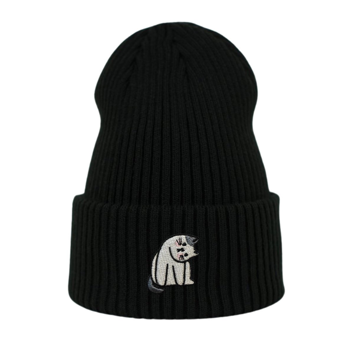 Haftowana czapka beanie - CIEKAWSKI KOTEK - czarny