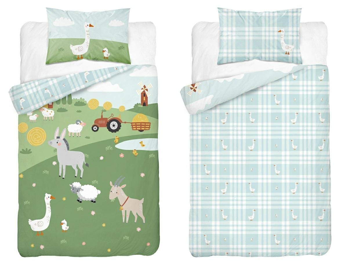 Pościel bambusowa dziecięca 90x120 farma i błękitna kratka Baby Bamboo