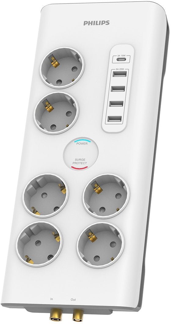 Listwa zasilająca Philips ochrona przeciwprzepięciowa 6 gniazd + 4 x USB-A + 1 x USB-C SPN7061WA-39