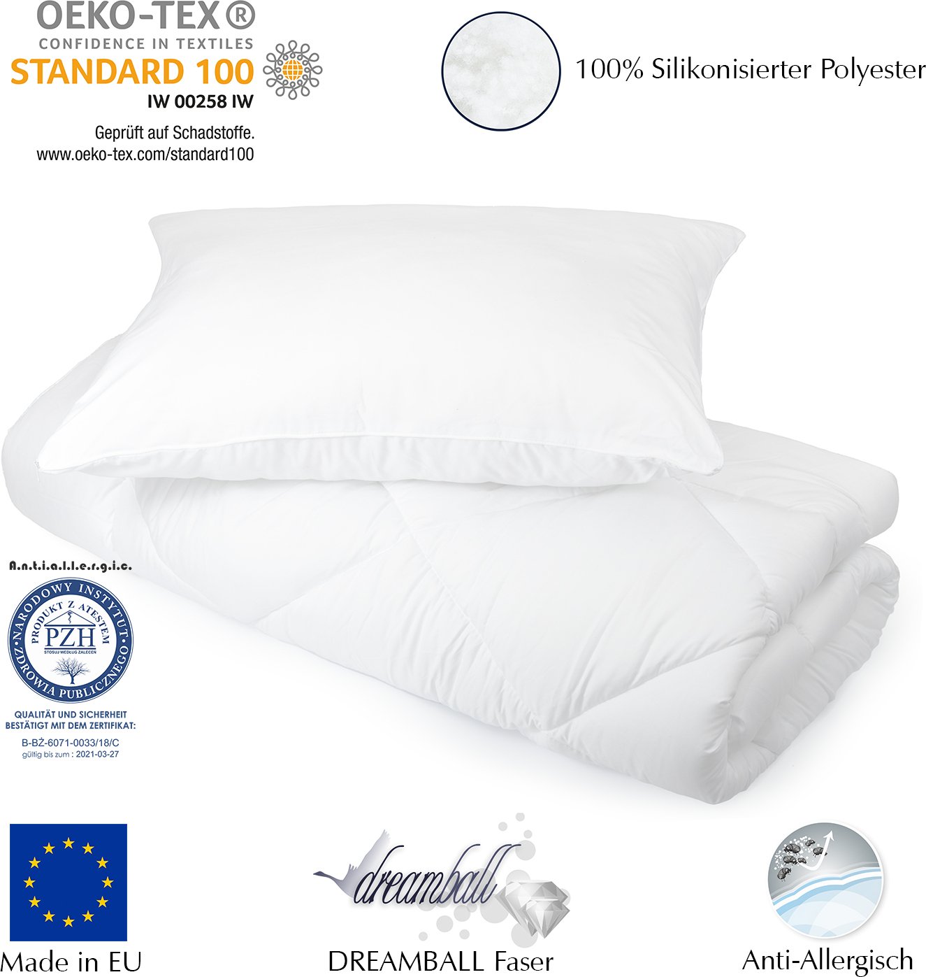 H&F zestaw kołdra i poduszka 155x200 4 pory roku + poduszka 50x70 poszycie kołdry i kołdry: 100% mikrofibra certyfikat Oeko-TEX wypełnienie: kołdra 1120g, poduszka 550g