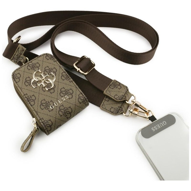 Guess Smycz do Telefonu Pasek Crossbody + Portfel Brązowy Zestaw Metal Logo