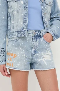 Guess szorty jeansowe x Banksy damskie kolor niebieski z nadrukiem high waist - Spodenki damskie - miniaturka - grafika 1