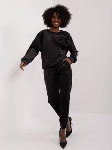 Komplet welurowy czarny casual bluza i spodnie dekolt okrągły rękaw długi nogawka ze ściągaczem kokarda - Komplety damskie - miniaturka - grafika 1
