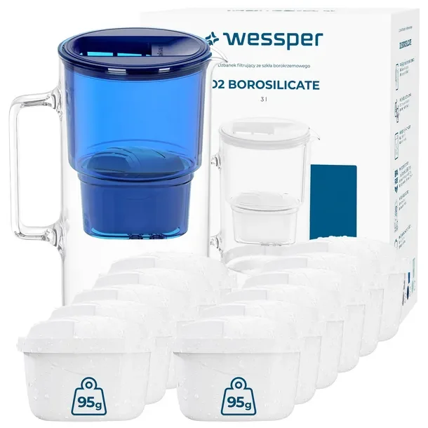 Dzbanek Szklany Wessper D2 Borosilicate 3l + 12x Filtr Wkład Wody Wessper