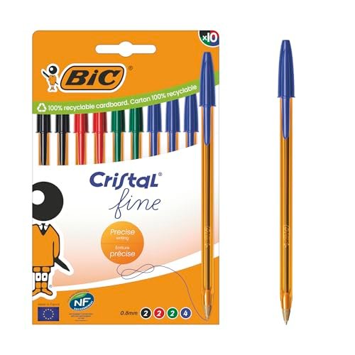 BIC Crystal Original Fine Fine Długopis kulkowy (0,8 mm) z półprzezroczystym pomarańczowym korpusem - różne kolory atramentu, pudełko kartonowe 10 szt