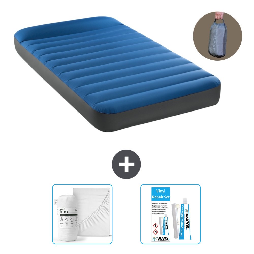 Łóżko powietrzne Intex - 1 osoba - 99 x 191 x 22 cm - Niebieski - Pompka w zestawie - Prześcieradło i zestaw naprawczy