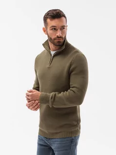 Swetry męskie - Sweter męski ze stójką - oliwkowy E194 - S - Ombre Clothing - grafika 1