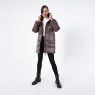 Płaszcze damskie - Damski płaszcz puchowy z łączonych materiałów z kapturem - miniaturka - grafika 1