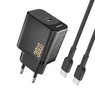 Ładowarki do telefonów - Ładowarka sieciowa USB-C z kablem USB-C GaN PD 30W - czarna Ładowarka sieciowa USB-C z kablem USB-C GaN PD 30W - czarna - miniaturka - grafika 1