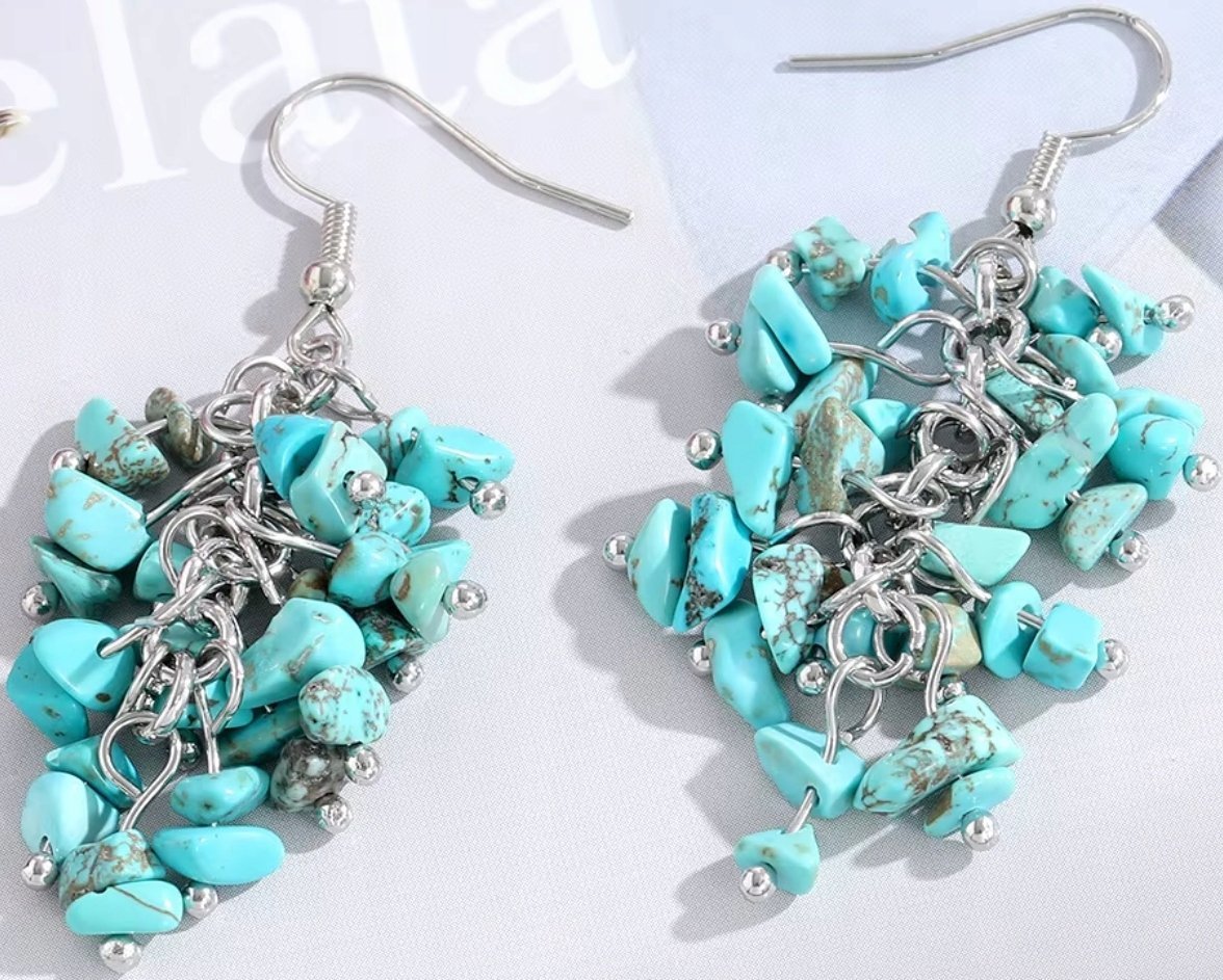 Srebrne Kolczyki z Turkusowymi Kamieniami Sztyft Naturalne Posrebrzane