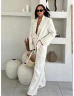 Spodnie damskie - Eleganckie lniane spodnie z kantem CHELY - beżowe - miniaturka - grafika 1