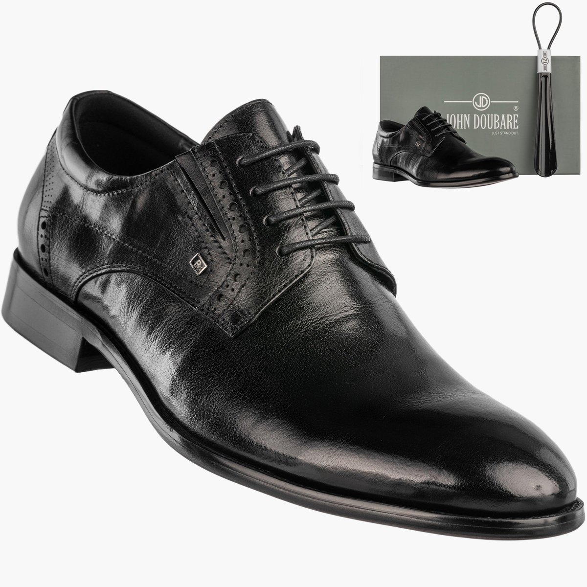 Buty Męskie JOHN DOUBARE Skórzane Półbuty Wizytowe Czarne D788-159-5 Czarny 45