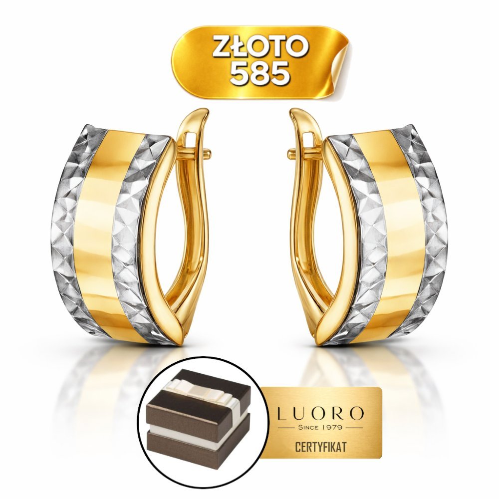 KOLCZYKI ZŁOTE 585 14K PROSTOKĄT DWUKOLOROWE DIAMENTOWANE 14 MM ANGIELSKIE