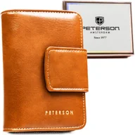 Portfele - Karmelowy elegancki jasnobrązowy portfel damski ze skóry ekologicznej PETERSON portmonetka na zatrzask i suwak pudełko prezentowe ochrona kart RFID .. - miniaturka - grafika 1