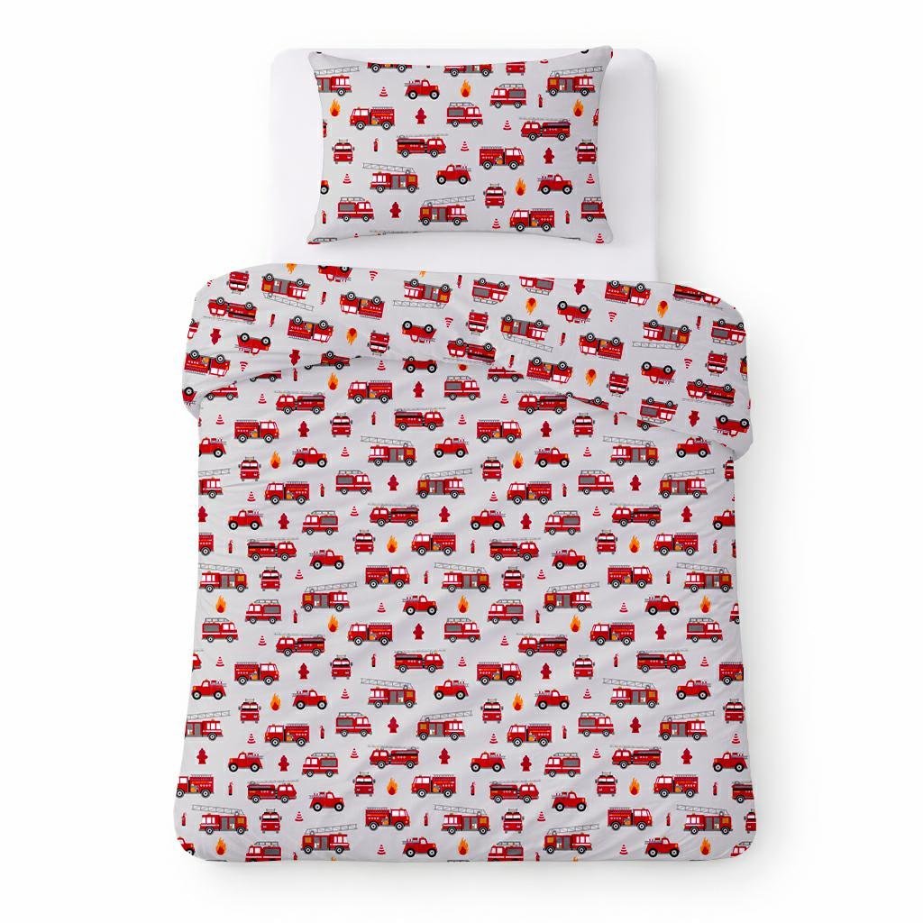Pościel bawełniana 140x200 szara w czerwone wozy strażackie, dziecięcy nowoczesny - COTTON HOME KIDS