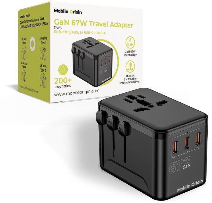 Mobile Origin GaN 67W Travel Adapter PW5 EU/UK/US/AUS, 3x USB-C + USB-A MO-TRA67-PW5
