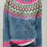 Bluzki damskie - TEMU Modna Bluza z Okrągłym Dekoltem w Kolorowe Bloki, Ciepła i Uniwersalna Bluzka na Jesień/Zimę - miniaturka - grafika 1