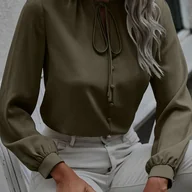 Koszule damskie - TEMU Elegancka damska bluzka z długim rękawem - głęboki wycięty dekoltem w kształcie litery V z detalami zapinanej z przodu, jednokolorowa, lekka - miniaturka - grafika 1