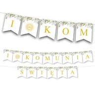 Dekoracje sali - BANER napis I Komunia Święta - Biała Piwonia Girlanda - miniaturka - grafika 1