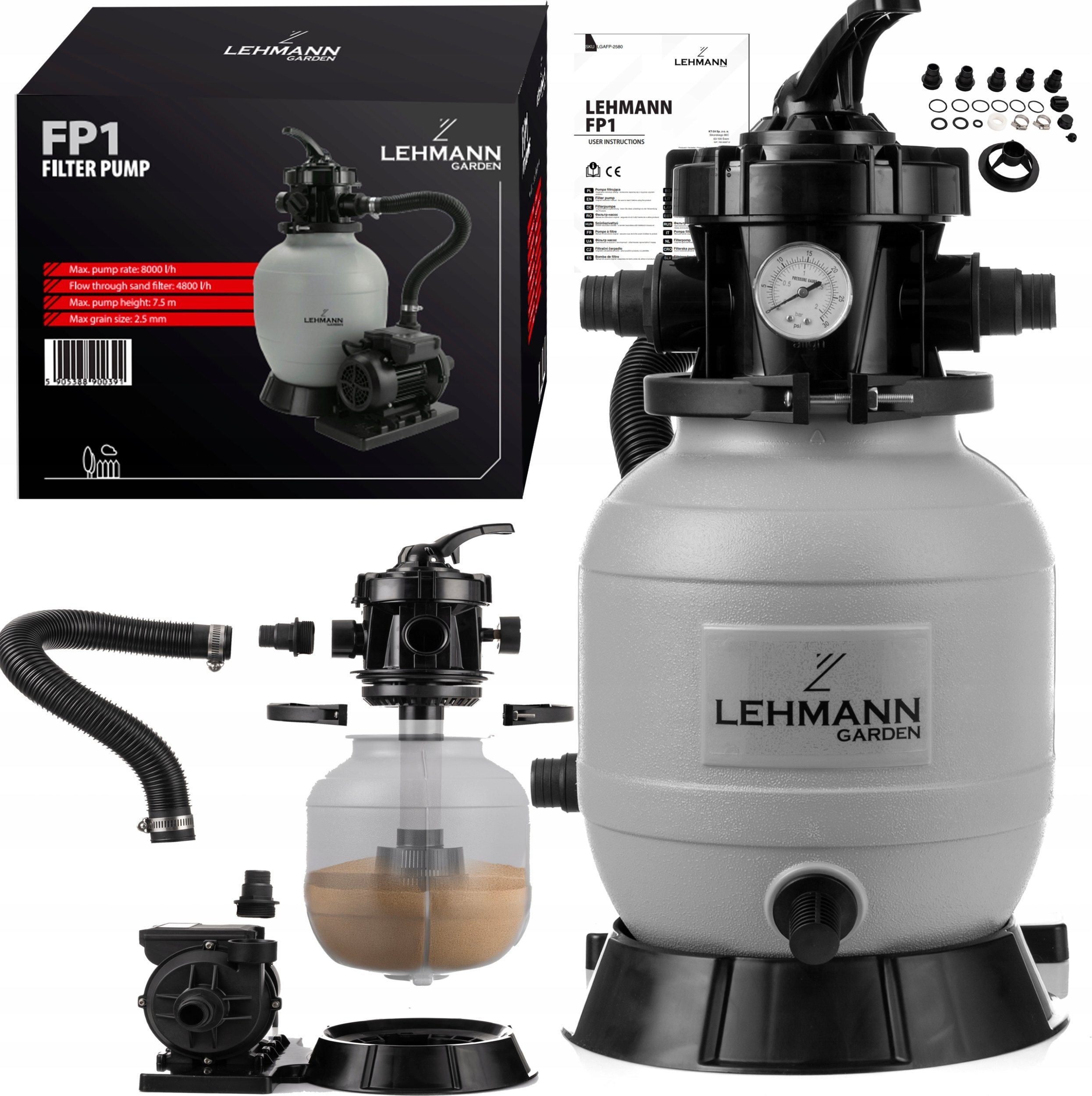 Lehmann POMPA PIASKOWA DO BASENU FILTRUJĄCA MANOMETR 8000L/H PANEL INDUKCJA 10L XXL