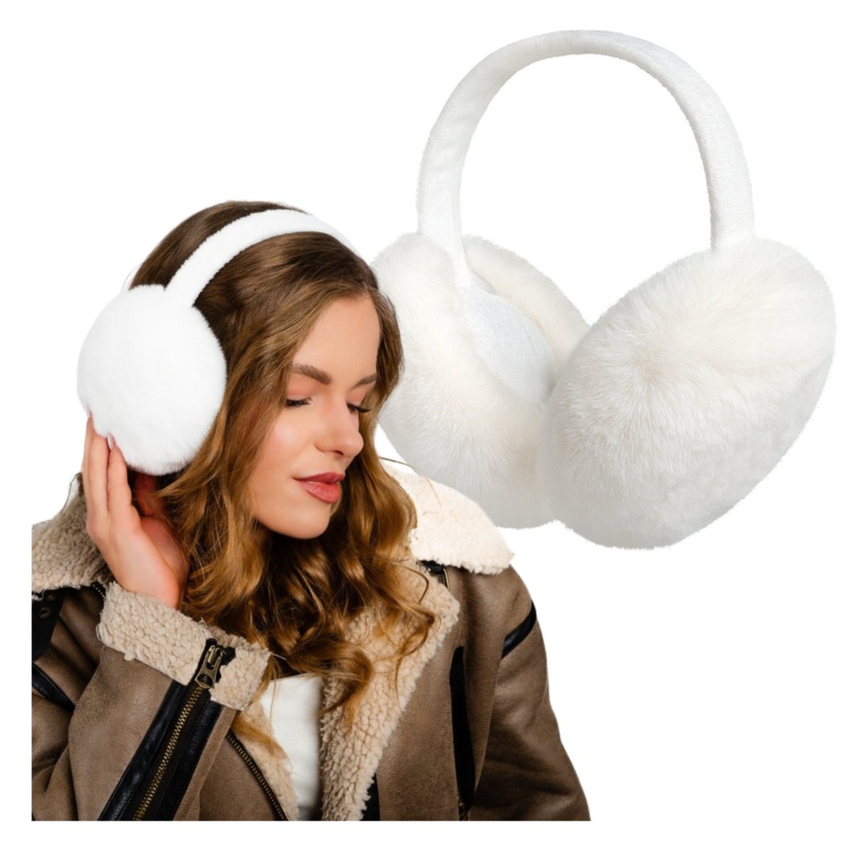 Nauszniki Duże Na Uszy Białe Ciepłe Zimowe Pluszowe Opaska z Futerkiem XXL