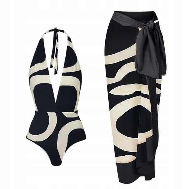 Jednoczęściowy Strój Kąpielowy Czarno Biały Wzór Elegancki Spódnica L