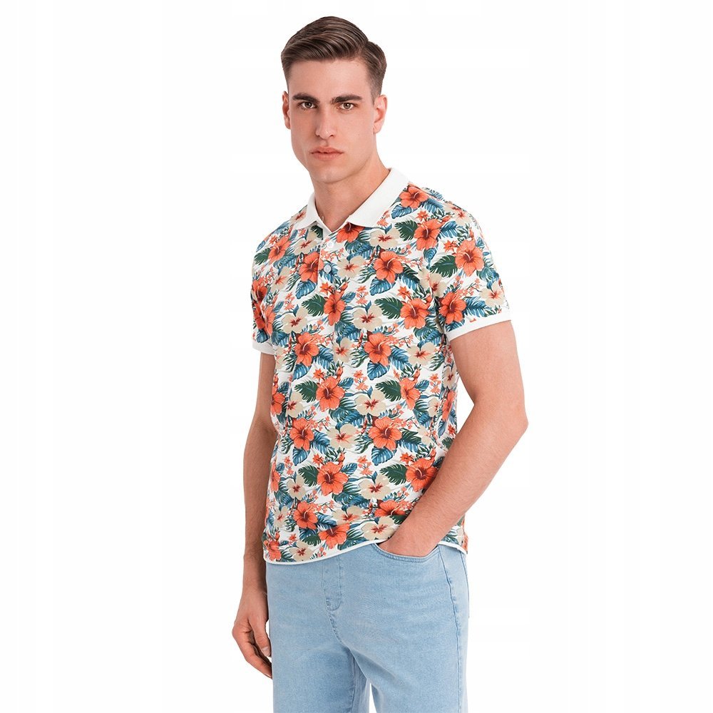 Koszulka polo bawełniana w kwiaty modna biała Ombre OM-POSS-0149 V1 r. XL