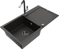 Zlewozmywaki z baterią - Mexen Leo zlewozmywak granitowy 1-komorowy z ociekaczem i baterią kuchenną Flora, czarny/złoty metalik - 6501-75-670401-07-B - miniaturka - grafika 1