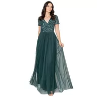 Sukienki - Maya Deluxe Women's V Neckline Embellished V Neck Maxi Dress Short Sleeve Empire Waist Prom Graduation Bridesmaid Wedding Guest Sukienka dla druhny Kobieta, Emerald Green, 10 - miniaturka - grafika 1