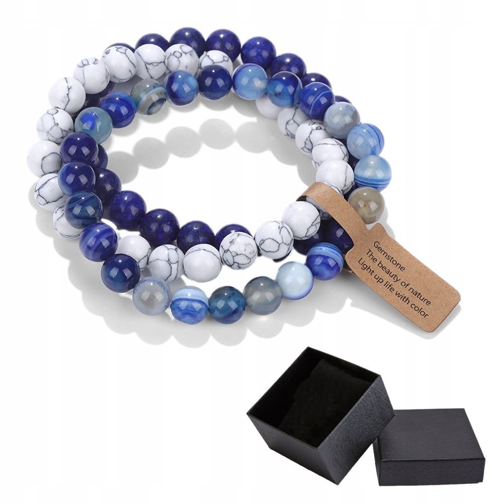 Zestaw 3 Bransoletki 8 mm Kamień Biały Howlit Lapis Lazuli Niebieski Agat