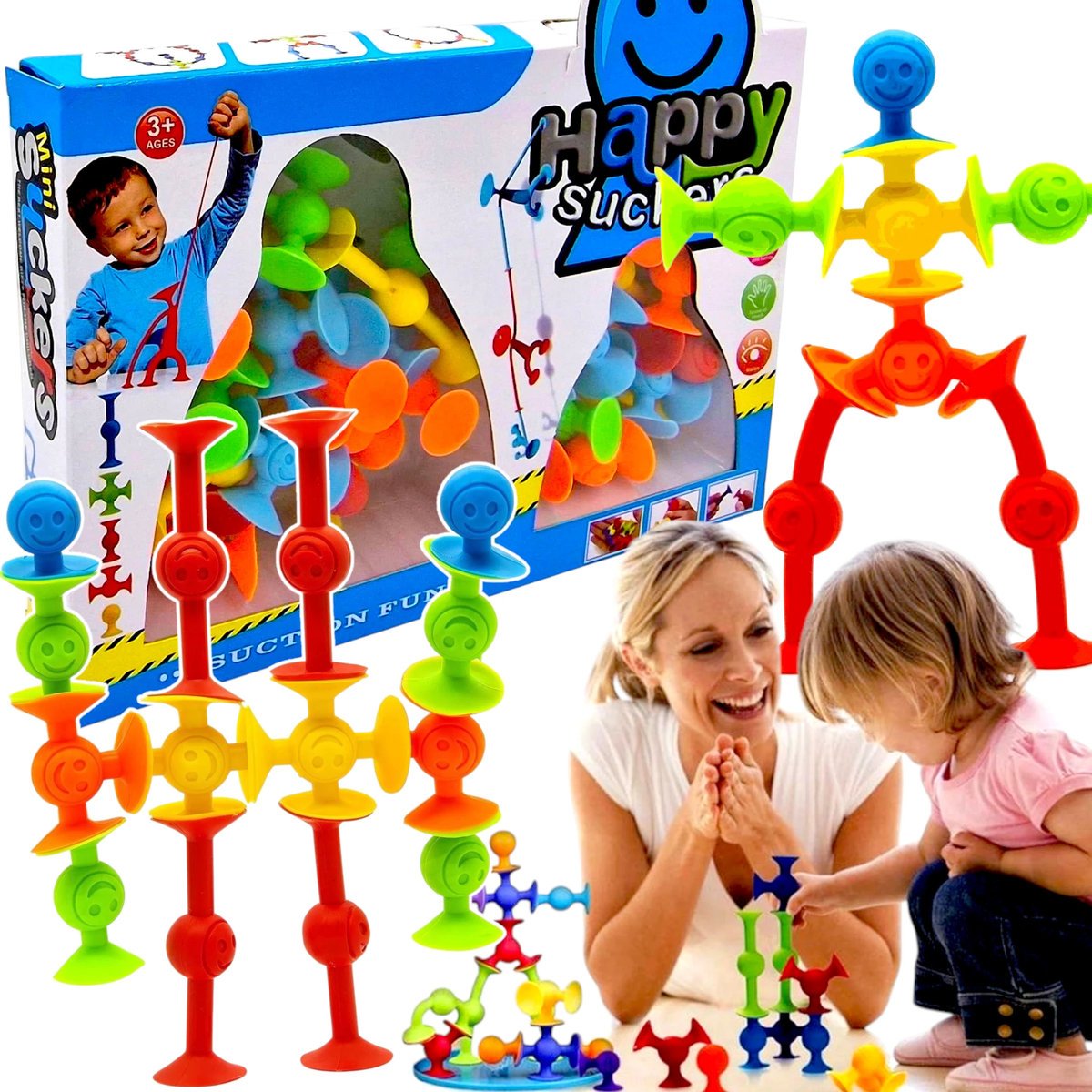 KLOCKI SILIKONOWE PRZYSSAWKI KONSTRUKCYJNE 29 SZT KOLOROWE ELASTYCZNE HAPPY