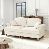 Sofy i kanapy - Sofa z połowy XX wieku, 2-osobowa, duża, z tkaniny szenilowej, z rozszerzanymi podłokietnikami, biała - miniaturka - grafika 1