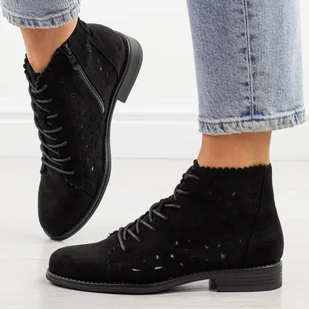 Czarne wiosenne zamszowe ażurowe botki damskie S.Barski 185 - S.BARSKI - Botki damskie - miniaturka - grafika 1