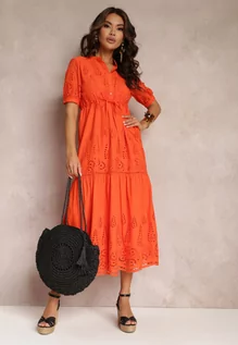 Sukienki - Pomarańczowa Haftowana Sukienka Bawełniana ze Ściągaczem w Talii Ineryna - grafika 1