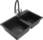 Zlewozmywaki z baterią - Mexen Tomas zlewozmywak granitowy 2-komorowy z baterią kuchenną Duo, czarny/srebrny metalik - 6516-73-671701-07-B - miniaturka - grafika 1
