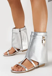 Srebrne Sandały z Wywiniętą Wysoką Cholewką z Klamrą i Cyrkoniami Afilla - Botki damskie - miniaturka - grafika 1
