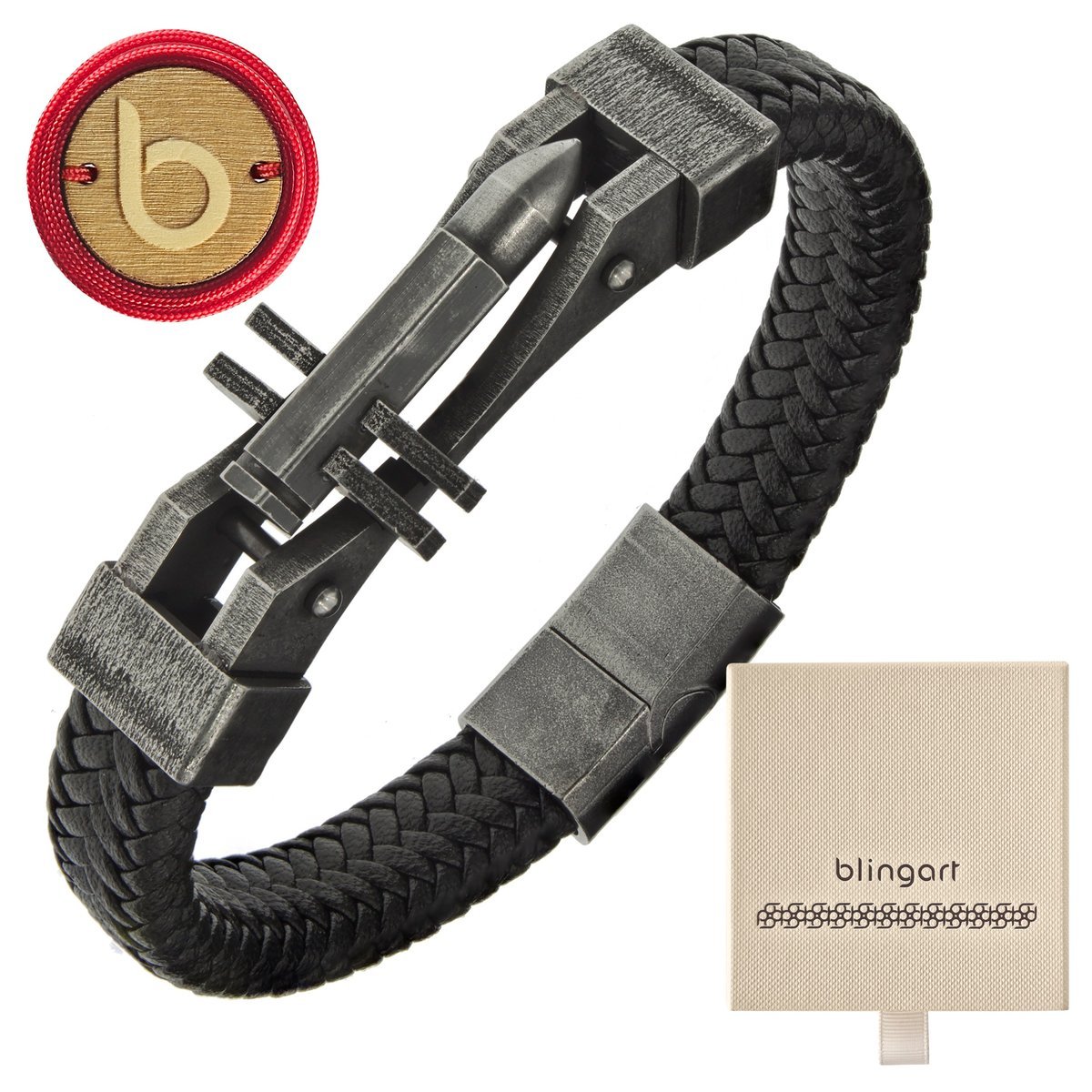 Bransoletka skórzana męska oksydowana czarna nabój