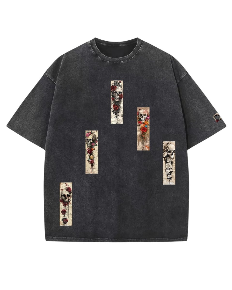Koszulka oversize efekt sprania Czaszki i Kwiaty Stylizowane Czarny XXL