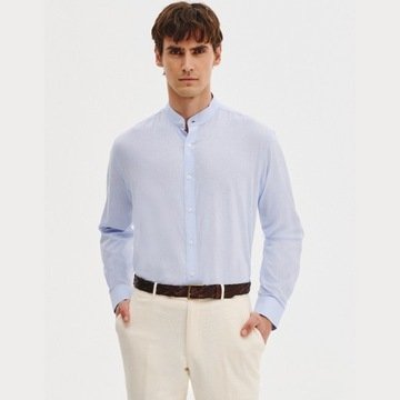 Niebieska lniana koszula męska ze stójką Pako Lorente roz. L