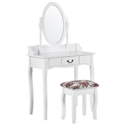 Toaletki - Beliani Toaletka 1 szuflada owalne lustro i stołek biała SOLEIL - miniaturka - grafika 1