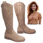 Botki damskie - Damskie Kowbojki Ażurowe Kozaki Zamszowe Jesienne Eleganckie Beż Barski 40 - miniaturka - grafika 1