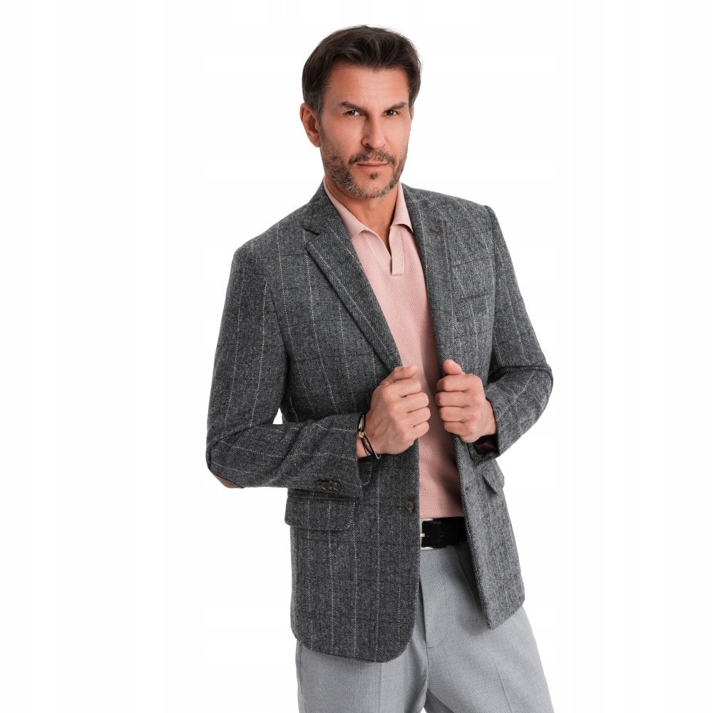 Elegancka męska marynarka w kratkę z wełną szara V1 OM-BLZB-0137 r. XXL